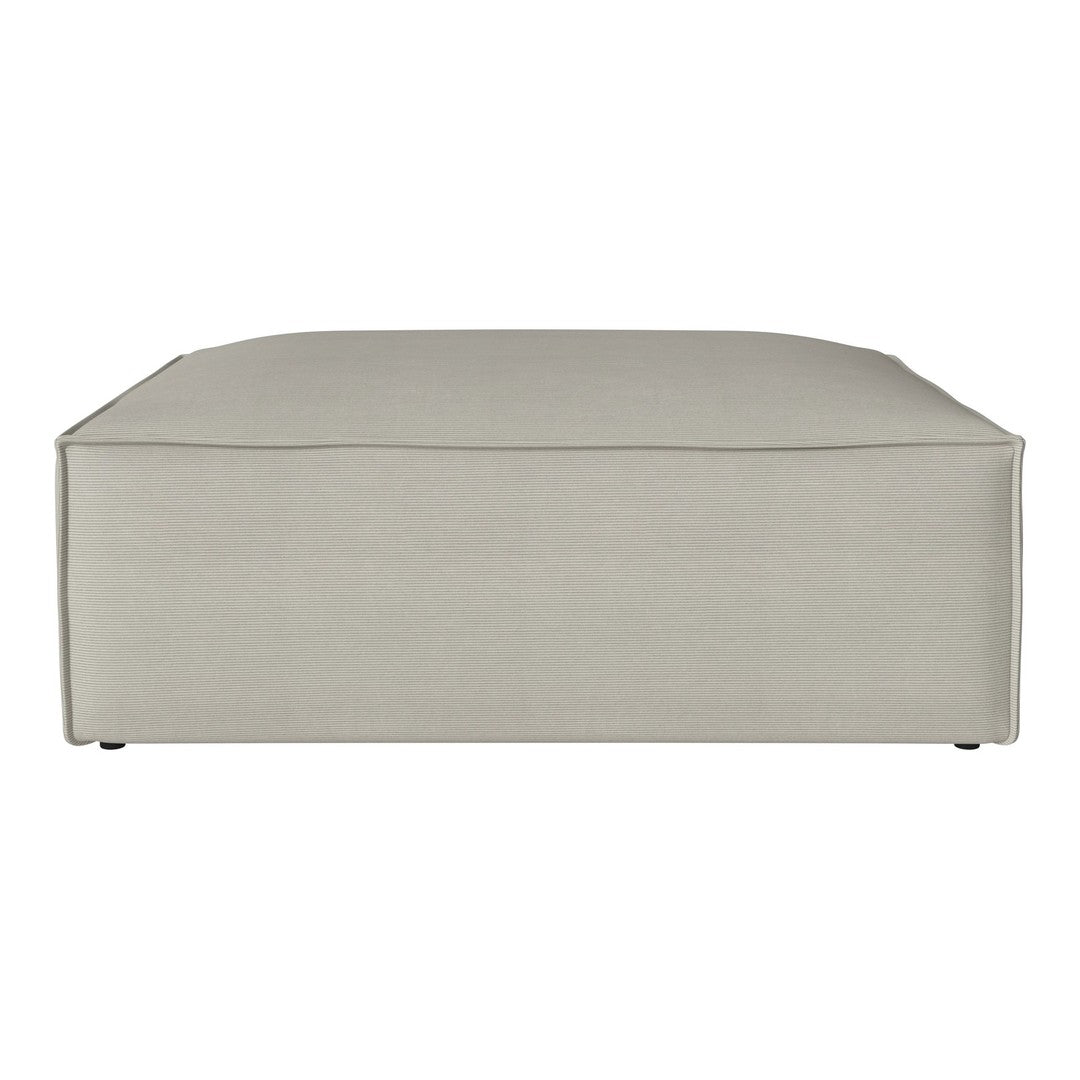 Square ottoman in light beige fabric with a subtle ribbed texture and smooth, rounded corners. Ideal for modern decor.