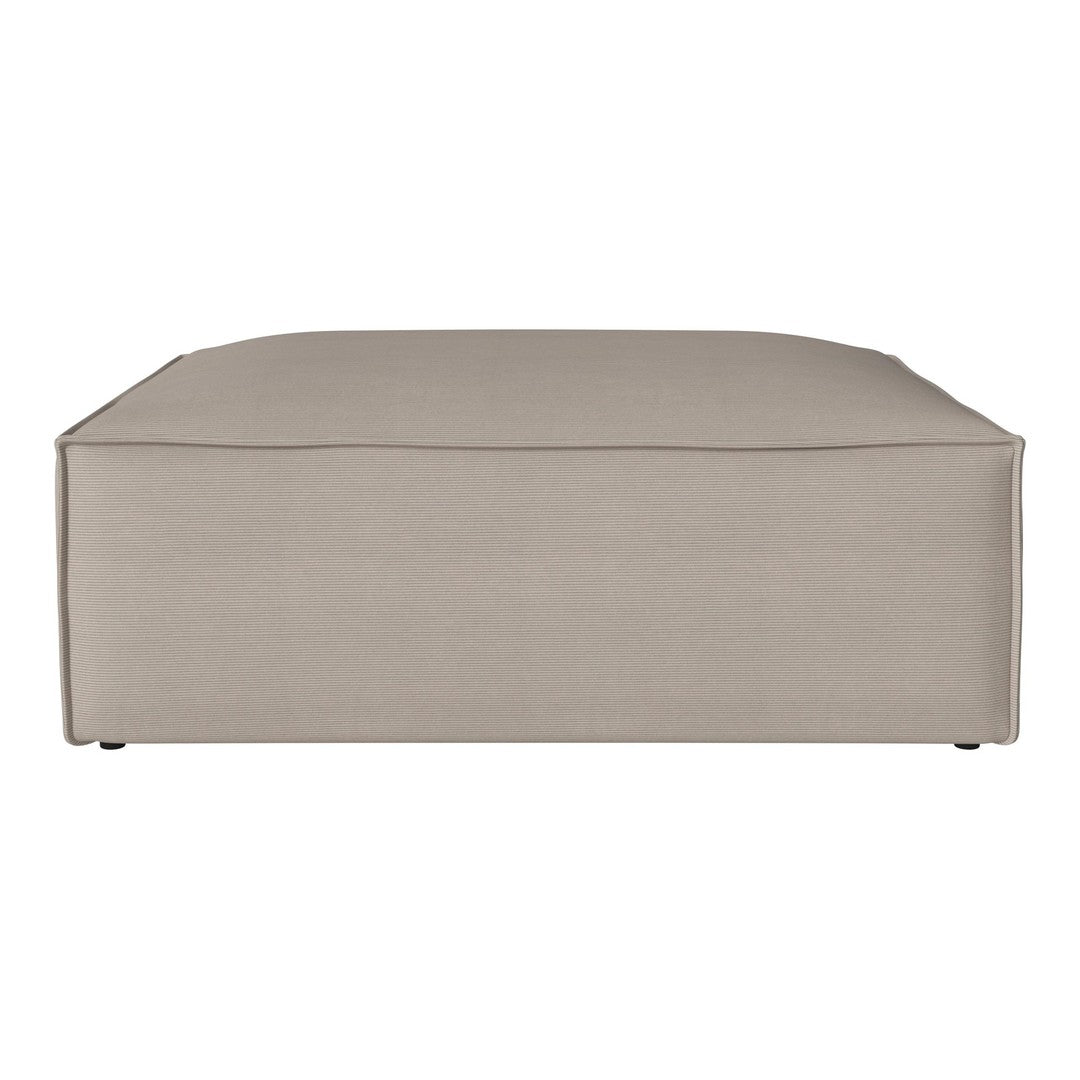 Beige square ottoman with subtle horizontal ribbed pattern, perfect for modern decor.