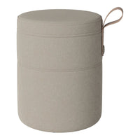 Beige fabric storage ottoman with sleek design and subtle texture, featuring a functional handle for easy mobility.