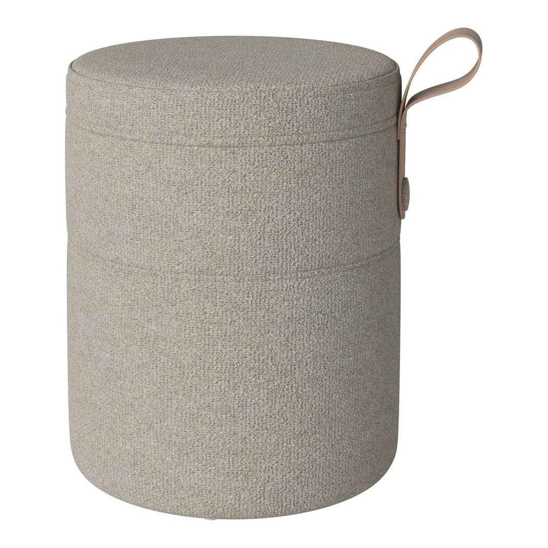 Gray textured storage ottoman with a beige handle for easy carrying.