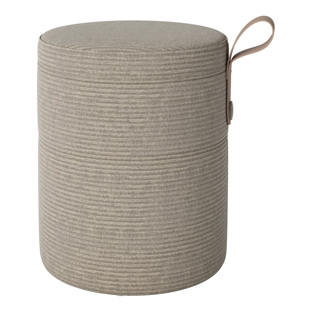 Gray striped fabric ottoman with a beige handle, featuring a modern cylindrical design. Ideal for stylish home decor.