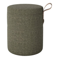 Green striped fabric pouf with a textured finish and a convenient carrying strap. Perfect for stylish seating or decor.