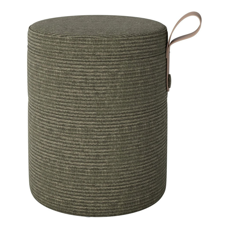 Green striped fabric pouf with a textured finish and a convenient carrying strap. Perfect for stylish seating or decor.