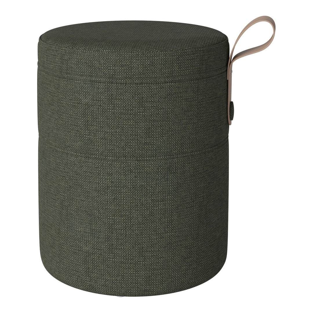 Green textured fabric storage stool with a smooth, round top and tan leather handle.