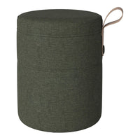 Green textured fabric storage stool with a smooth, round top and tan leather handle.