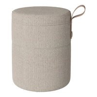 Beige textured storage ottoman with a smooth lid and a convenient handle.