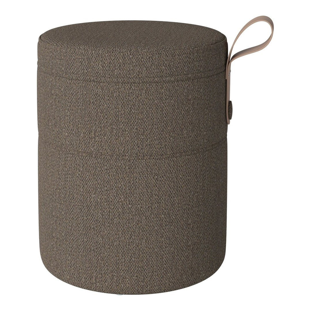 Brown textured fabric storage stool with a strap handle, sleek and versatile design perfect for any decor.