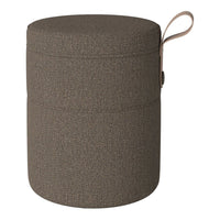 Brown textured fabric storage stool with a strap handle, sleek and versatile design perfect for any decor.