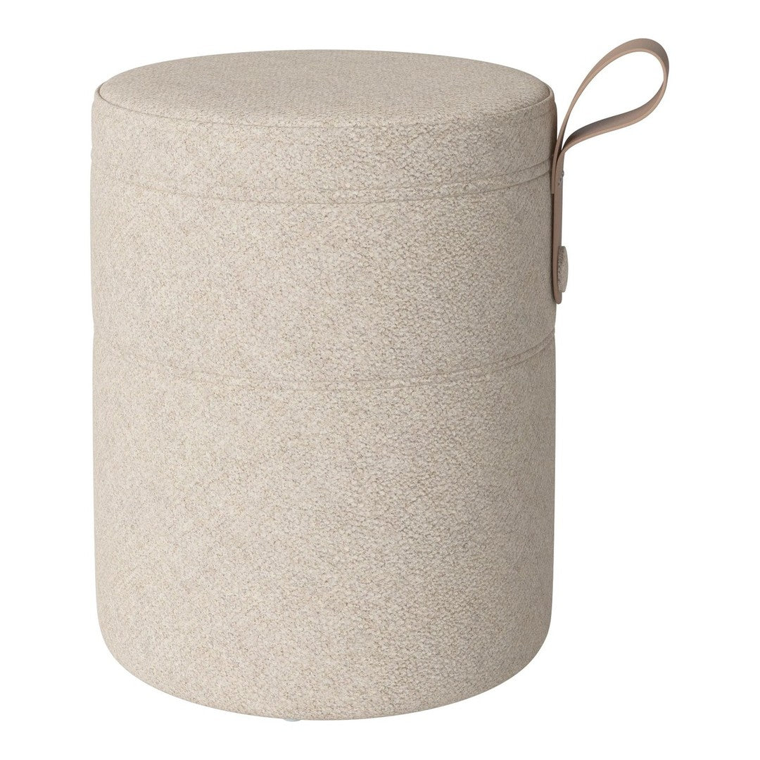 Light beige round storage container with a subtle speckled pattern and a decorative tan handle.