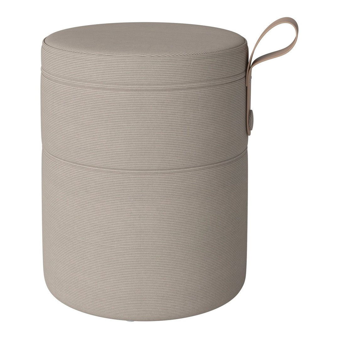 Neutral beige storage ottoman with a smooth texture and subtle seam detail, featuring a convenient handle.