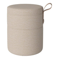 Neutral beige round storage ottoman with a subtle textured pattern and a convenient carrying handle.