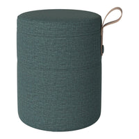 Teal upholstered storage ottoman with textured fabric and beige handle detail. Ideal for stylish home organization.