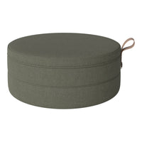 Round, olive green cushion with a smooth texture and subtle seam detail, featuring a convenient carrying handle.