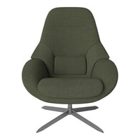 Olive green upholstered chair with a sleek, modern design and a minimalist metal base. Ideal for contemporary decor.