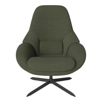 Green upholstered chair with a modern design and smooth, textured fabric against a sleek black base.
