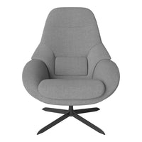 Modern grey upholstered chair with smooth, minimalist design and a black metal base. Stylish and versatile for any decor.