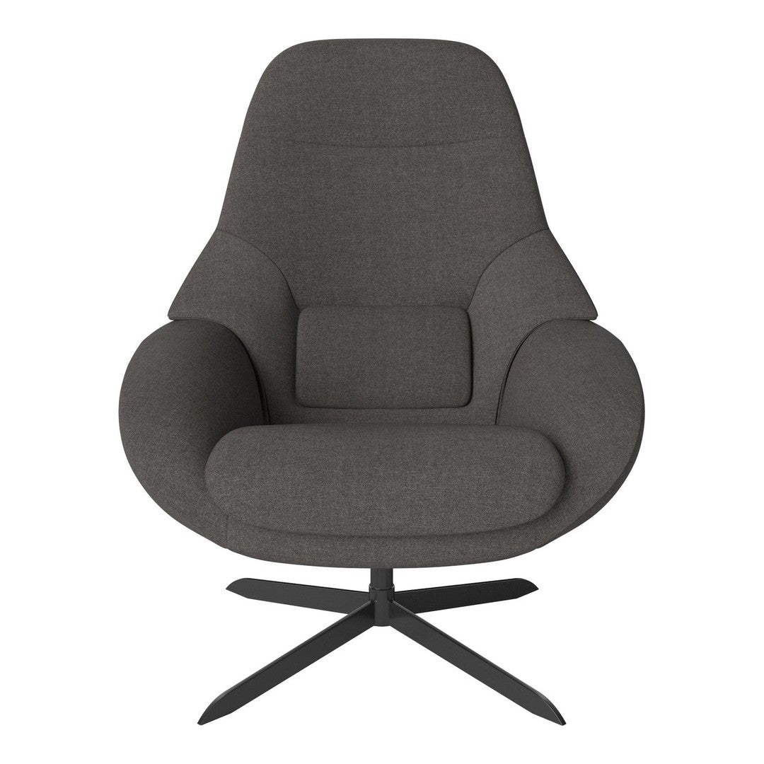 Gray upholstered chair with a modern design and smooth, rounded contours. Black metal base for a stylish contrast.