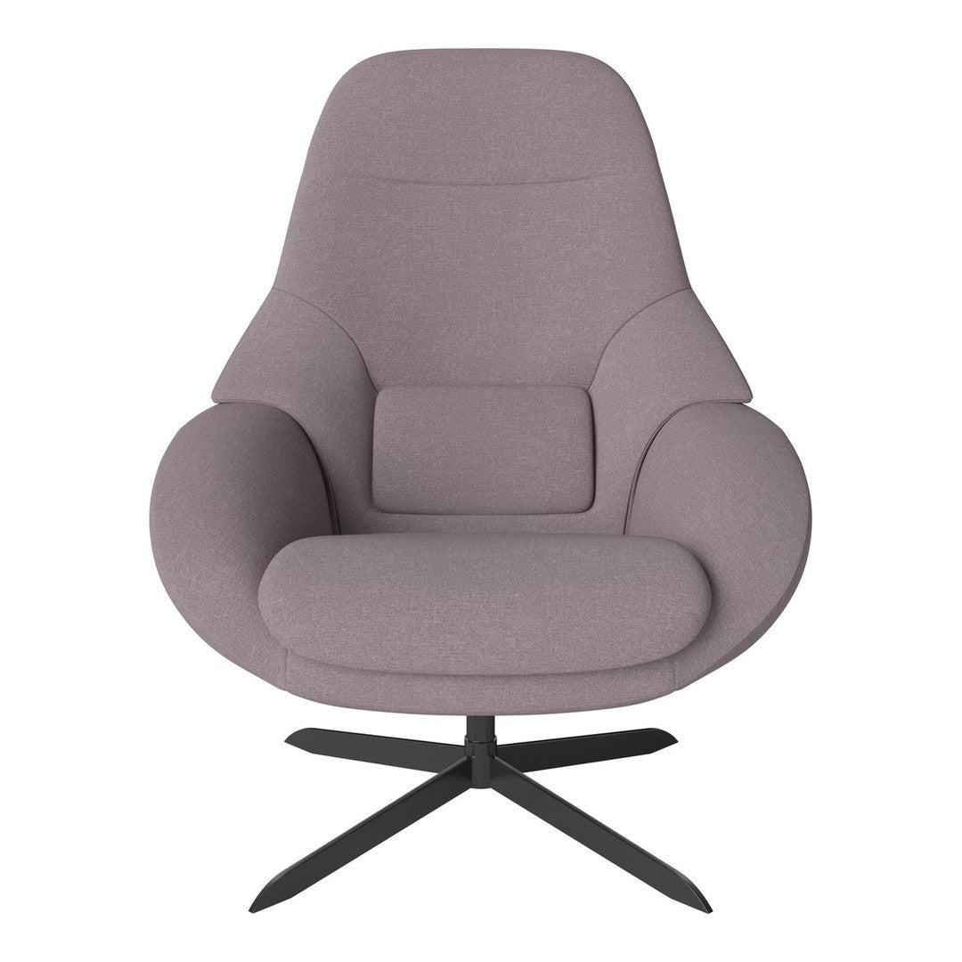 Soft lavender upholstered lounge chair with sleek black metal base, featuring a smooth, modern design.