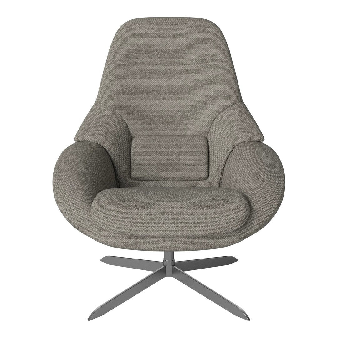 Gray upholstered chair with a textured pattern and smooth curves on a sleek metallic base.
