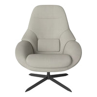 Light gray upholstered chair with a sleek, modern design and a black base. Ideal for contemporary decor.