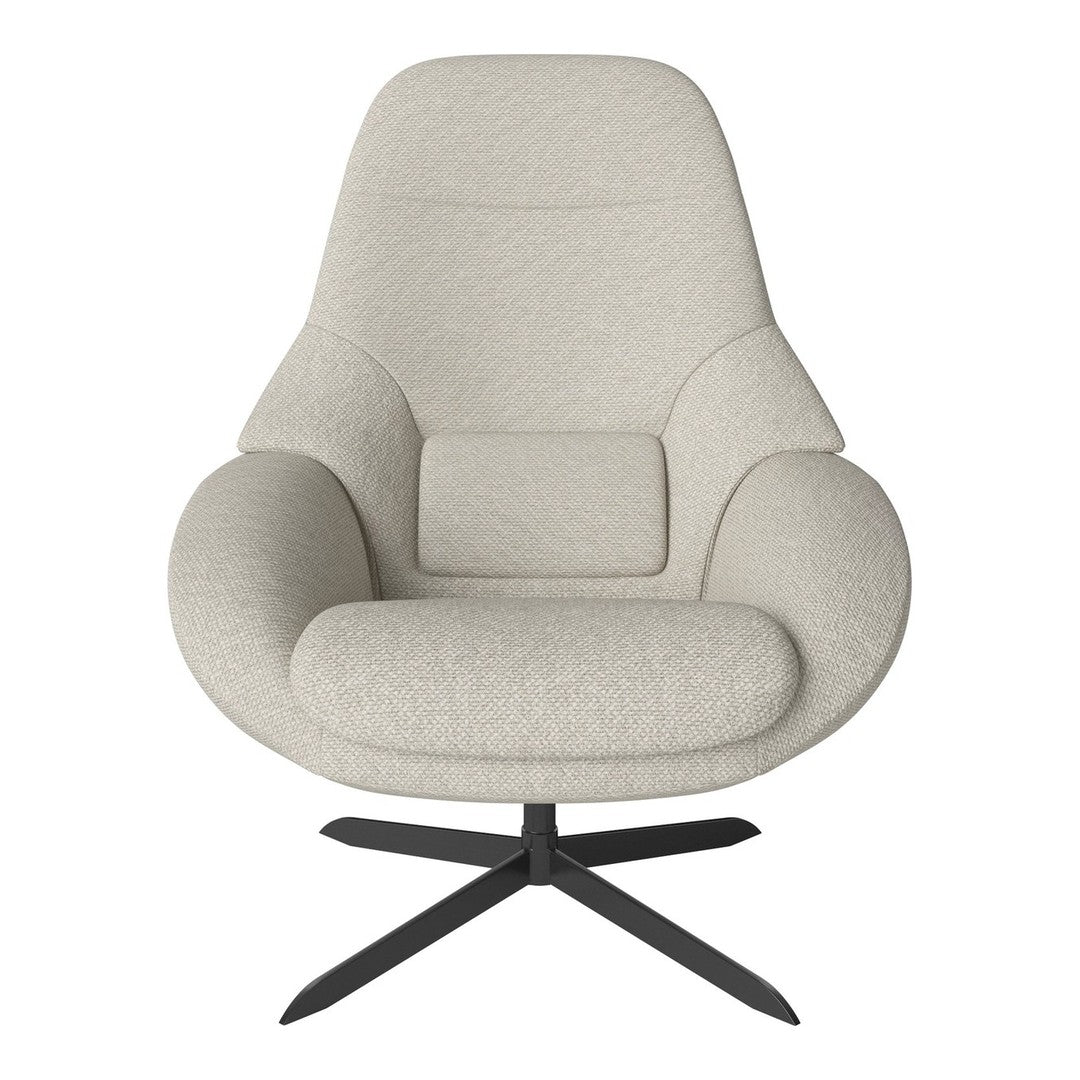 Light beige upholstered chair with a smooth, textured fabric and a sleek black metal base. Modern design.