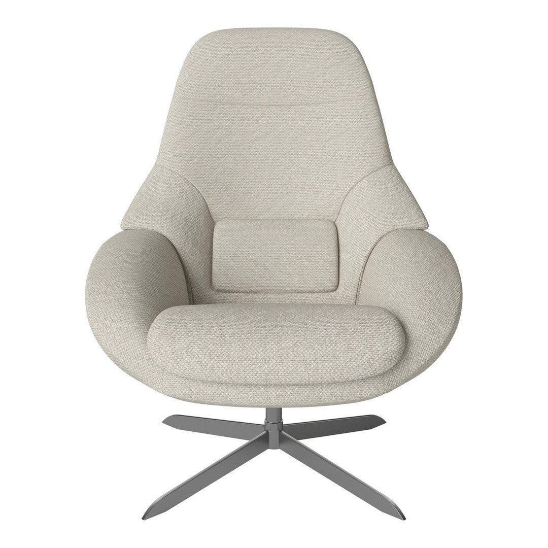 Textured light beige chair with a modern design and seamless curves, set on a sleek metal base.