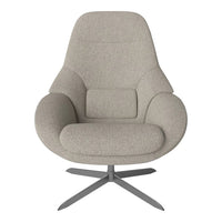 Light gray upholstered chair with smooth, curved lines and a subtle texture, set on a sleek metallic base.