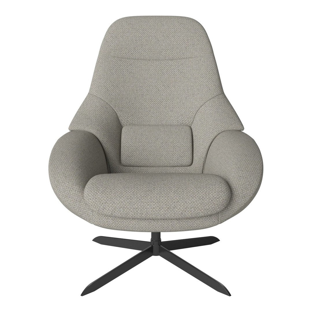 Gray upholstered armchair with a smooth, modern design and black metal base. Perfect for contemporary interiors.
