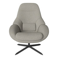 Gray upholstered armchair with a smooth, modern design and black metal base. Perfect for contemporary interiors.
