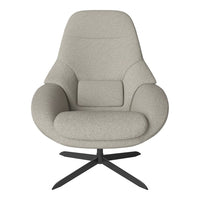 "Light gray lounge chair with a smooth, textured fabric and sleek black base, featuring a modern, minimalist design."