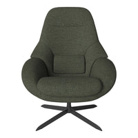 Olive green upholstered chair with a sleek design and textured fabric, featuring a modern black metal base.