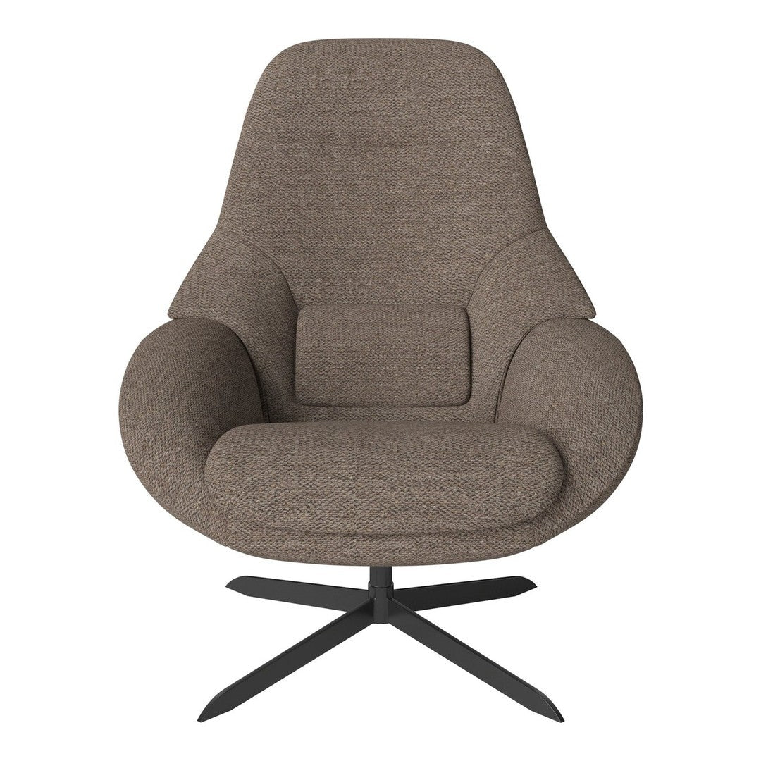 Stylish brown upholstered chair with soft textured fabric and minimalist black metal base. Perfect for any modern decor.