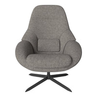 Gray upholstered chair with a textured fabric and a sleek black metal base. Modern design with a cozy, inviting look.