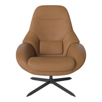 Brown suede accent chair with smooth, curved design and black metal base. Ideal for modern decor.