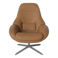 Tan upholstered chair with smooth, modern contours and a sleek metal base. Perfect blend of comfort and style.