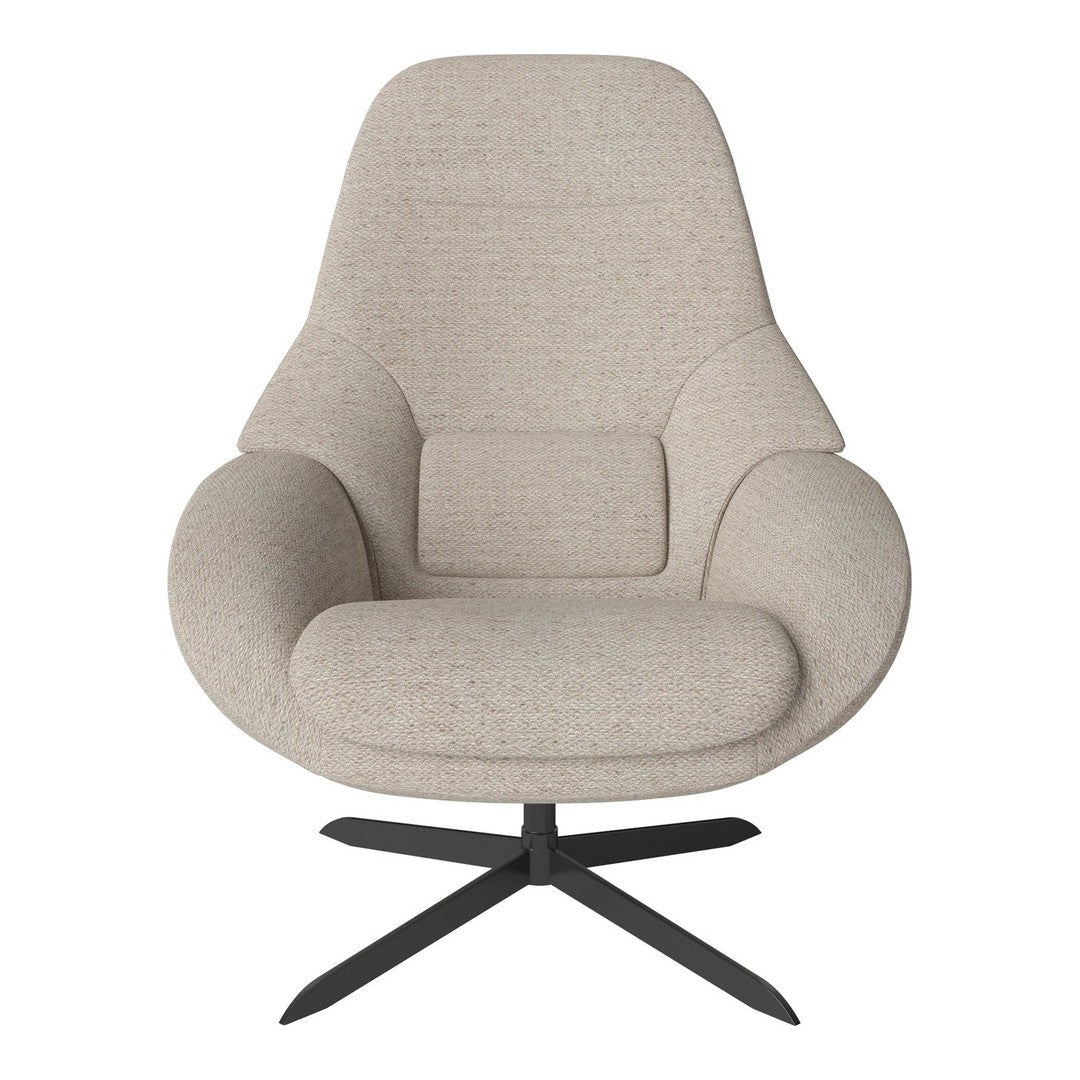 Beige upholstered chair with a soft texture, featuring a sleek black metal base and modern, minimalist design.