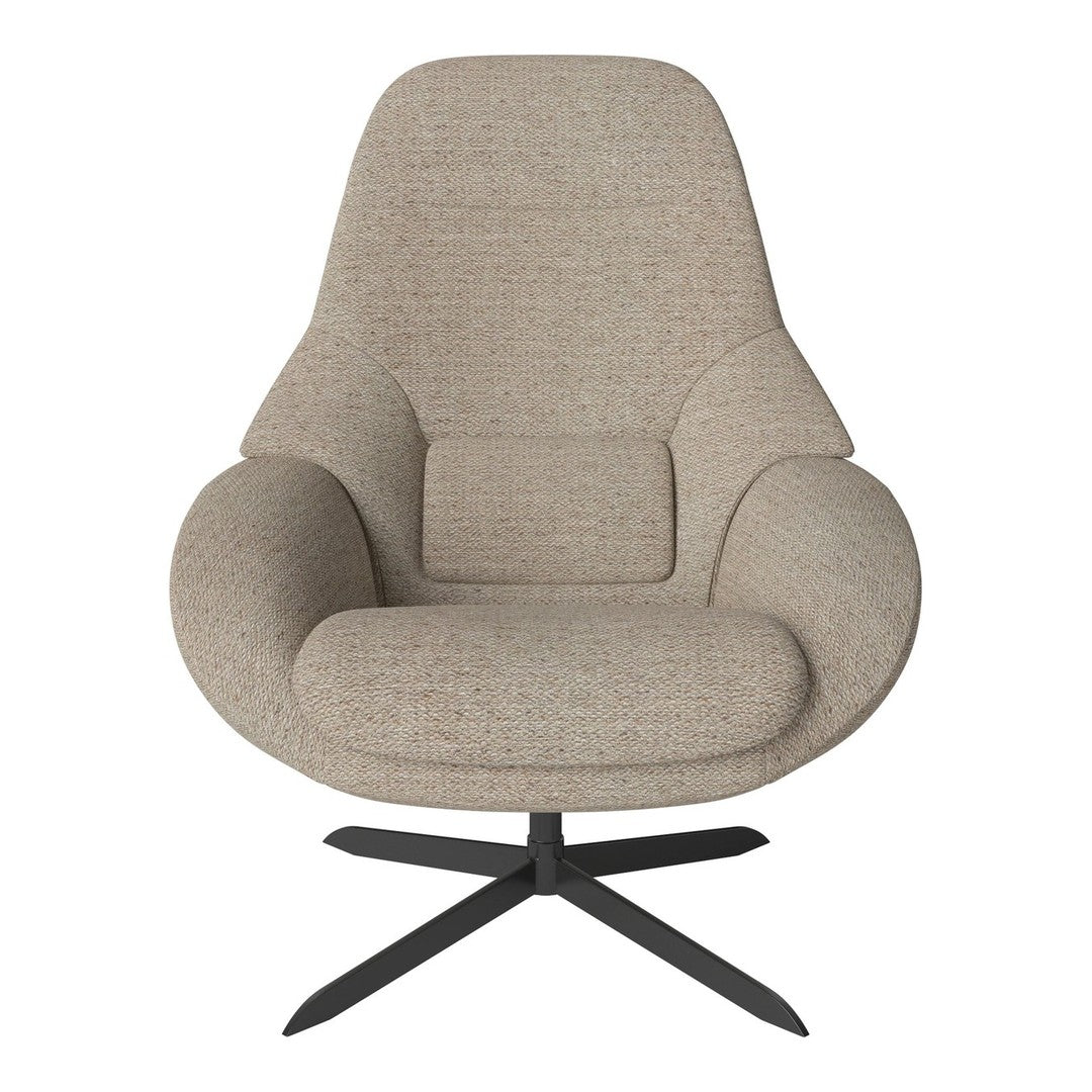 Beige textured fabric chair with a sleek black base, featuring a contemporary design and smooth curves.