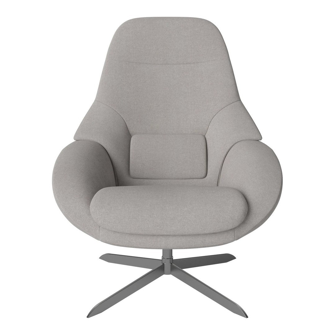 Modern light gray armchair with smooth finish and minimalistic design, featuring a sleek metal base.