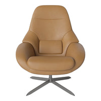 Tan leather swivel chair with smooth, minimalist design and sleek silver metal base. Perfect for modern interiors.
