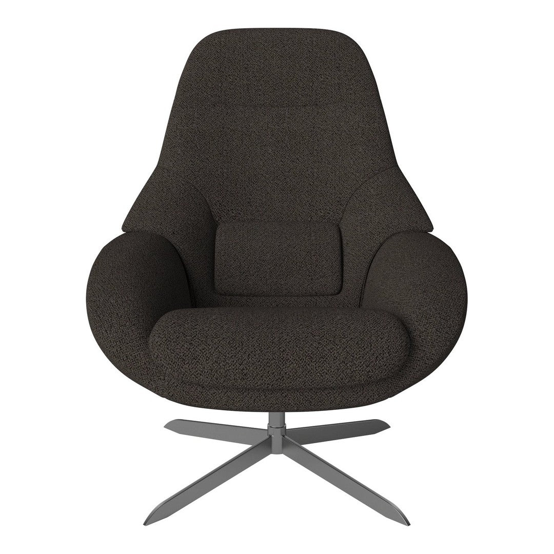 Dark gray upholstered lounge chair with a smooth, modern design and silver metal base. Ideal for contemporary spaces.