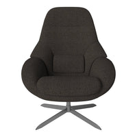 Dark gray upholstered lounge chair with a smooth, modern design and silver metal base. Ideal for contemporary spaces.