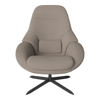 Beige upholstered chair with a curved design and subtle textured pattern, set on a sleek black metal base.