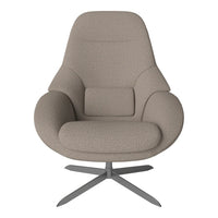 Light taupe upholstered chair with a smooth, minimalist design and metallic base, adding modern elegance to any space.