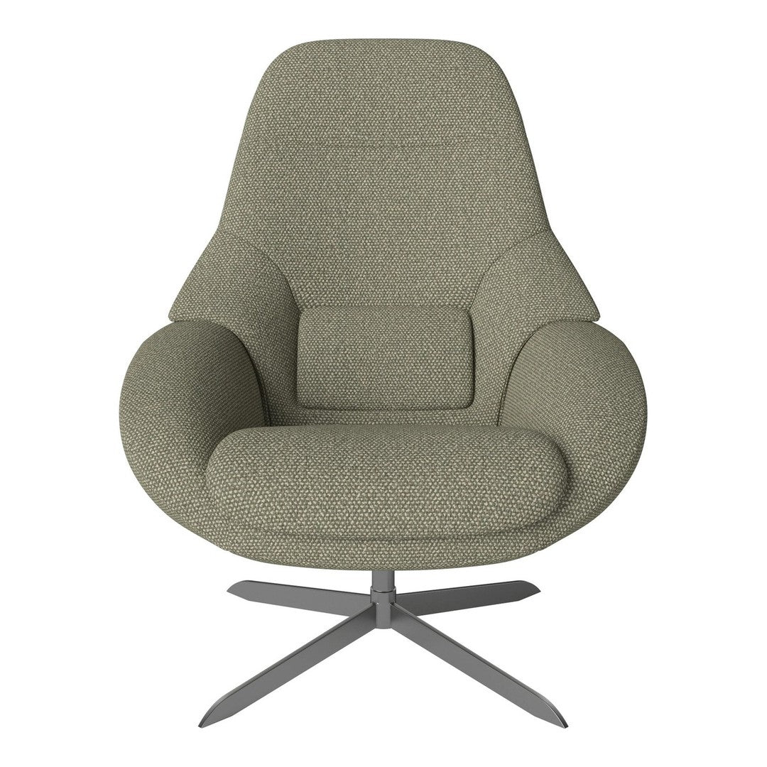 Soft olive green upholstered chair with a textured pattern and a sleek metal base. Ideal for modern decor.