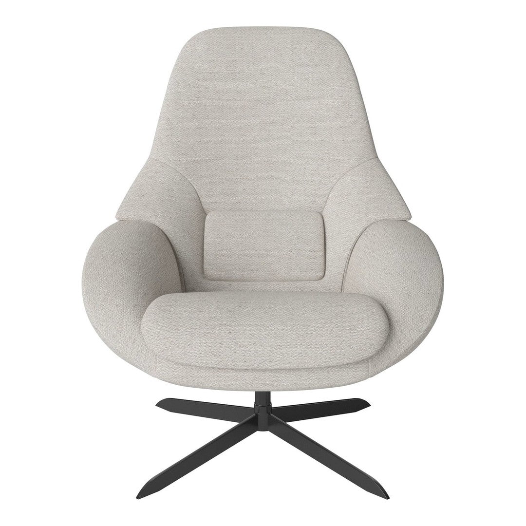 Light gray upholstered chair with a smooth texture and minimalist design, featuring black metal legs for modern appeal.