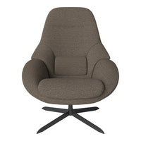 Cozy brown lounge chair with soft, textured fabric and sleek black metal base. Perfect for modern interiors.