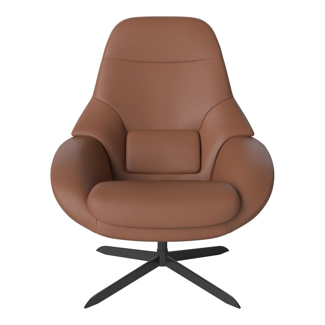 Brown leather lounge chair with smooth, modern contours and a sleek black base, enhancing any contemporary space.