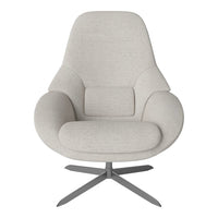 Light gray fabric chair with a sleek, modern design and rounded contours, featuring a subtle texture and no visible patterns.