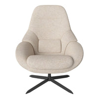 Beige textured swivel chair with a soft, plush design and a sleek black metal base. Ideal for modern decor.