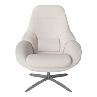 Light beige upholstered armchair with smooth, minimalist design and sleek silver base. Perfect for modern decor.